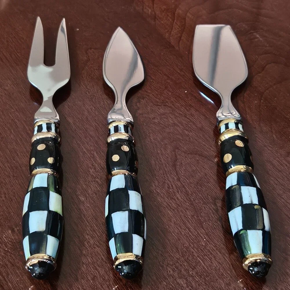 3 MACKENZIE CHILDS COURTNEY CHECK BLACK TIE CERAMIC CHEESE CHARCUTERIE KNIFE SET
